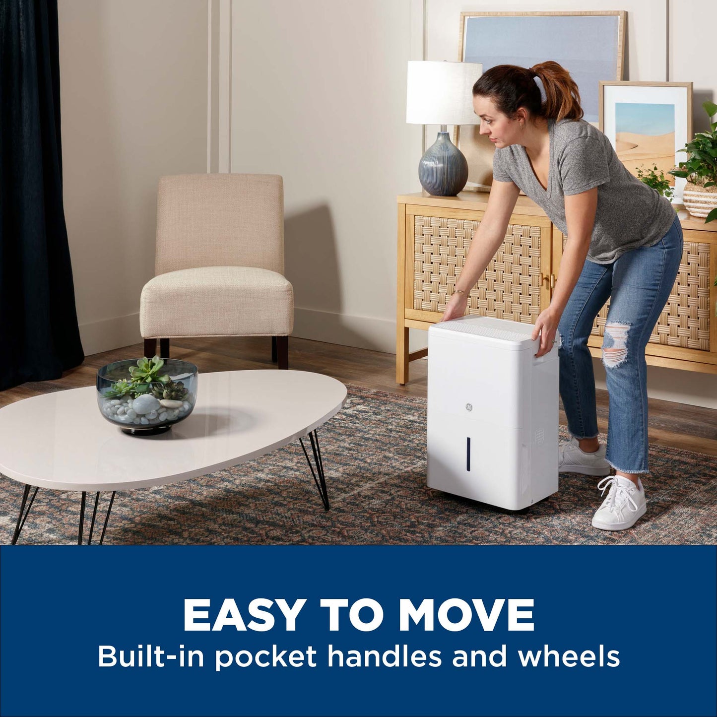 ADHE50PWF GE® 50 Pint Portable Dehumidifier with Built-in Pump and Smart Dry for Wet Spaces