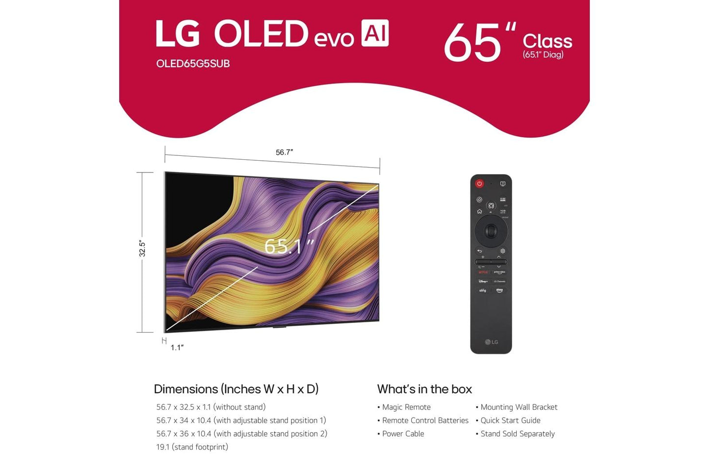 Lg OLED65G5WUA 65 Inch Class LG OLED evo AI G5 4K Smart TV 2025 with Supplied Wall Mount