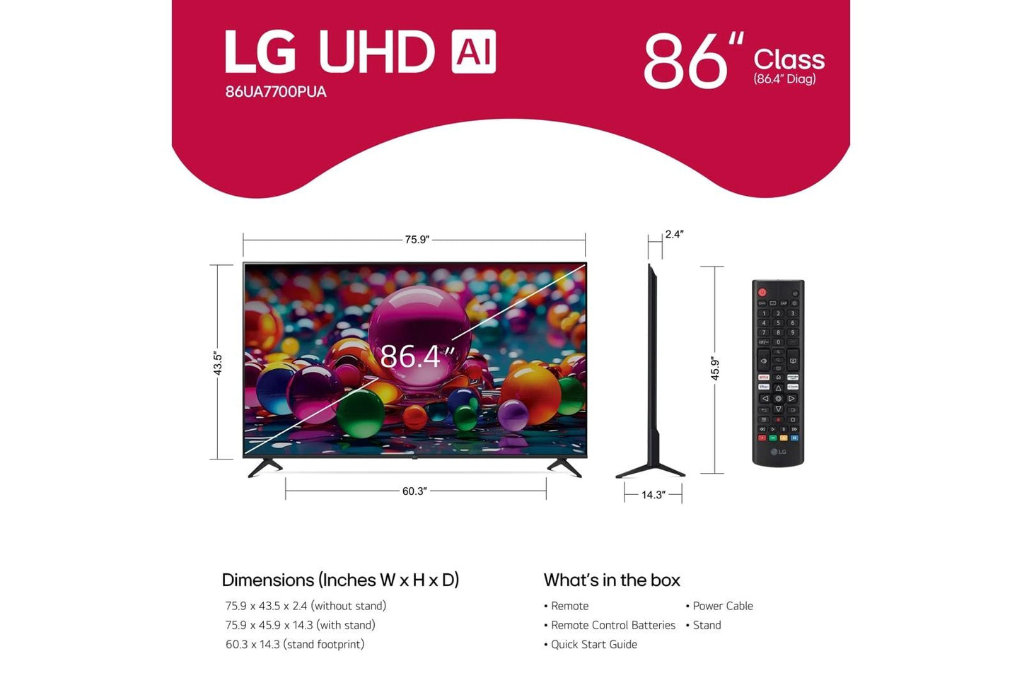 Lg 86UA7700PUA 86 Inch Class LG UHD AI UA77 4K Smart TV 2025