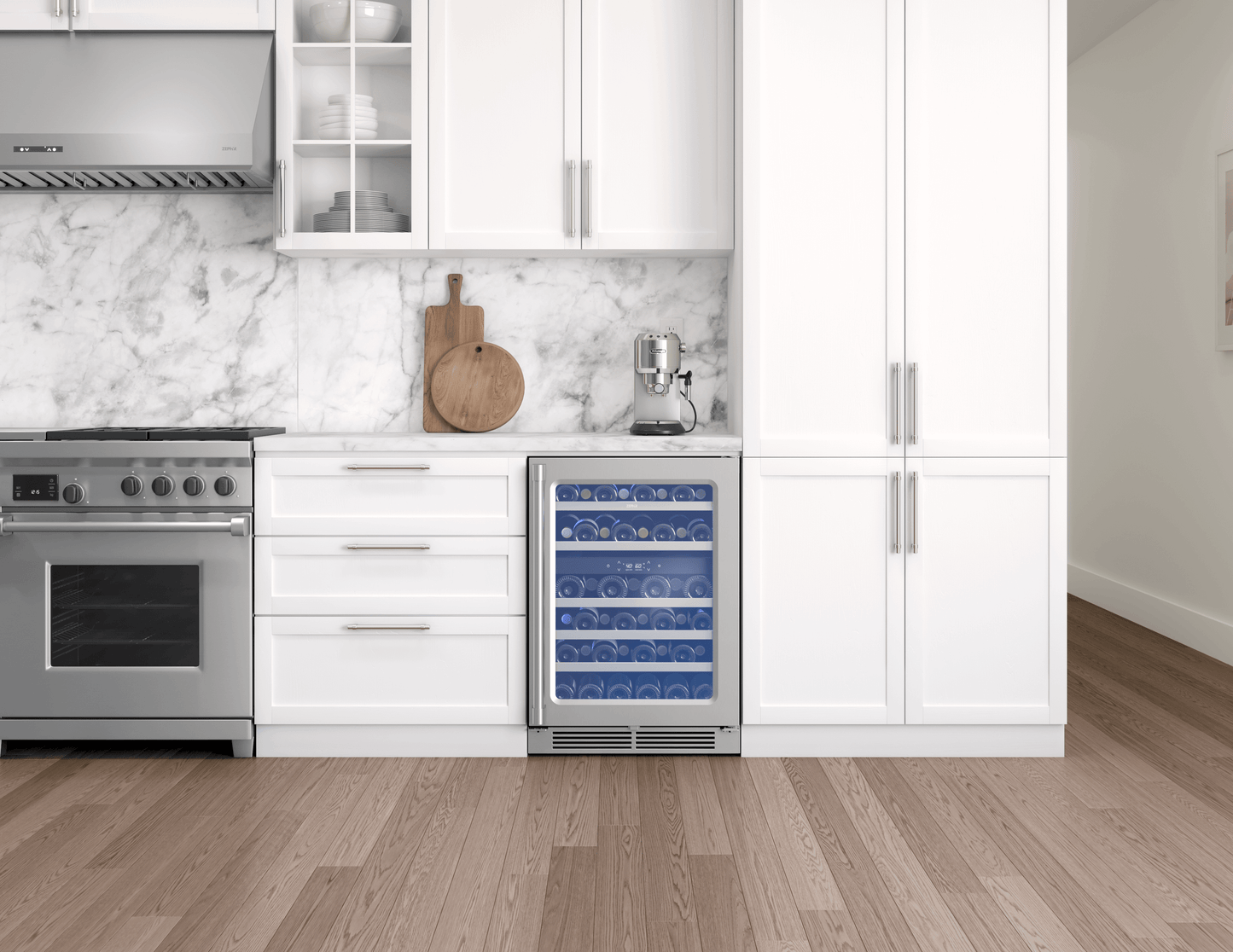 Zephyr PRPW24C02AG Presrv Pro Wine Cooler, 24in Under Cabinet, SS+Glass, Reverse Door, 2 Zone