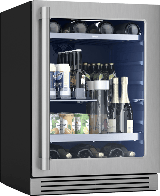 Zephyr PRPB24C01CG Presrv Pro Beverage Cooler, 24in Under Cabinet, SS+Glass, Reverse Door, 1 Zone