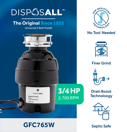 GFC765W GE DISPOSALL® 3/4 HP Continuous Feed Garbage Disposer - Corded