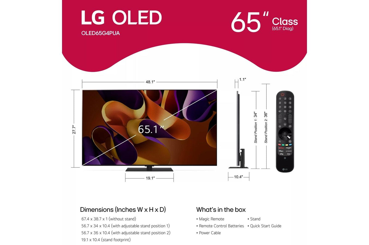 Lg OLED65G4SUB 65 Inch Class LG OLED evo AI G4 4K Smart TV 2024 - OLED65G4SUB