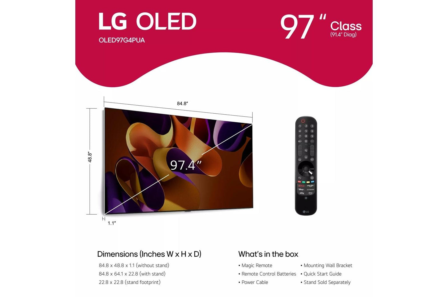 Lg OLED97G4WUA 97 Inch Class LG OLED evo G4 4K Smart TV 2024 with Supplied Wall Mount