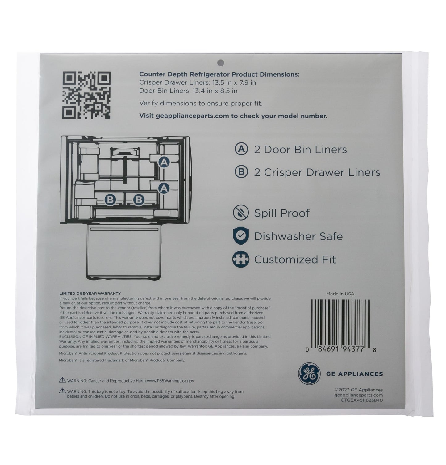 Ge Appliances PMLNRBF02 Drawer & Bin Liners with Microban® for Counter Depth Refrigerators