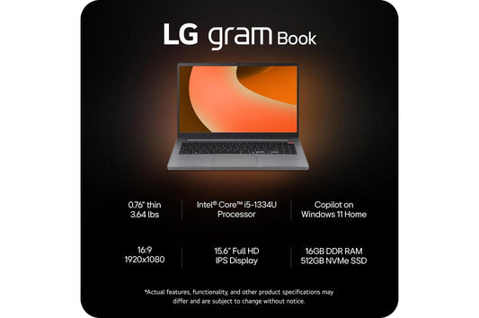 15U50TGAAS3U1 LG gram Book 15.6 Inch, Thin and Lightweight Laptop, Windows 11 Home, Intel® Core™ i5-1334U, 16GB RAM, 512GB SSD, Titan Silver