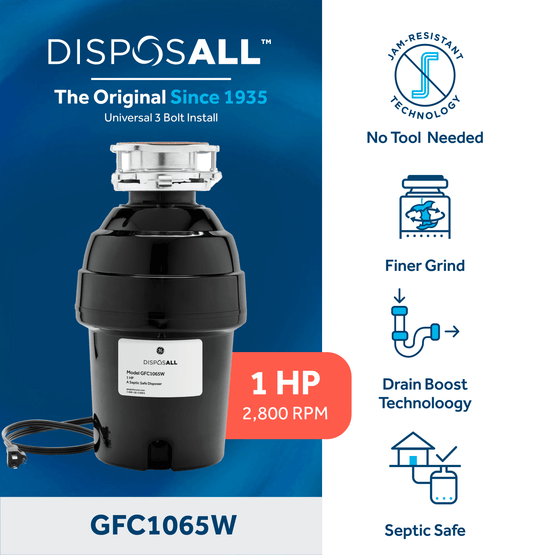 GFC1065W GE DISPOSALL® 1 HP Continuous Feed Garbage Disposer - Corded