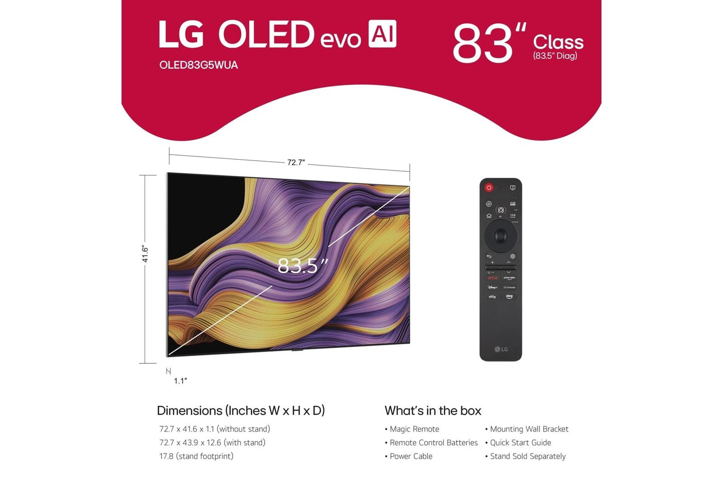 Lg OLED83G5WUA 83 Inch Class LG OLED evo AI G5 4K Smart TV 2025 with Supplied Wall Mount