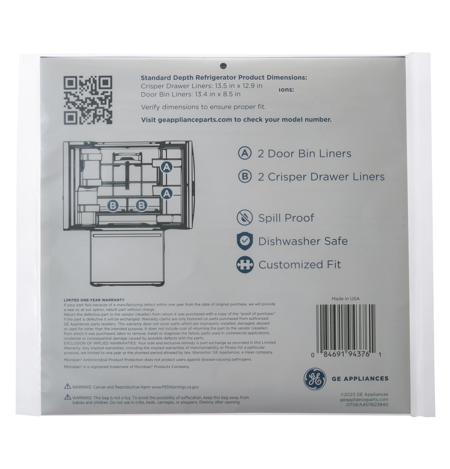 Ge Appliances PMLNRBF01 Drawer & Bin Liners with Microban® for Standard Depth Refrigerators