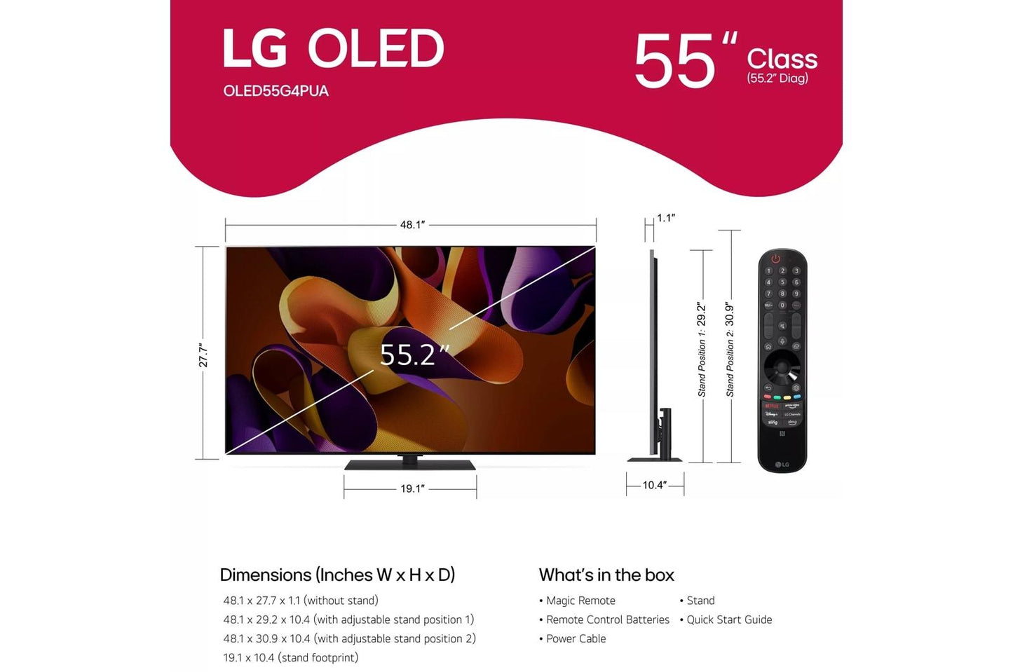 Lg OLED55G4SUB 55 Inch Class LG OLED evo G4 4K Smart TV 2024 with Supplied TV Stand