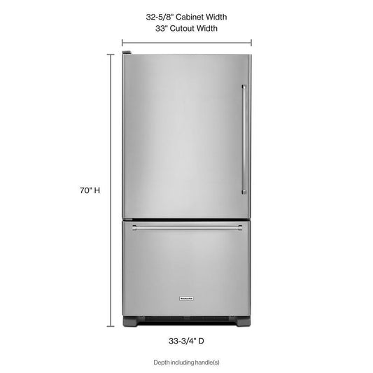 Kitchenaid KRBL102ESS 22 cu. ft. 33-Inch Width Full Depth Non Dispense Bottom Mount Refrigerator