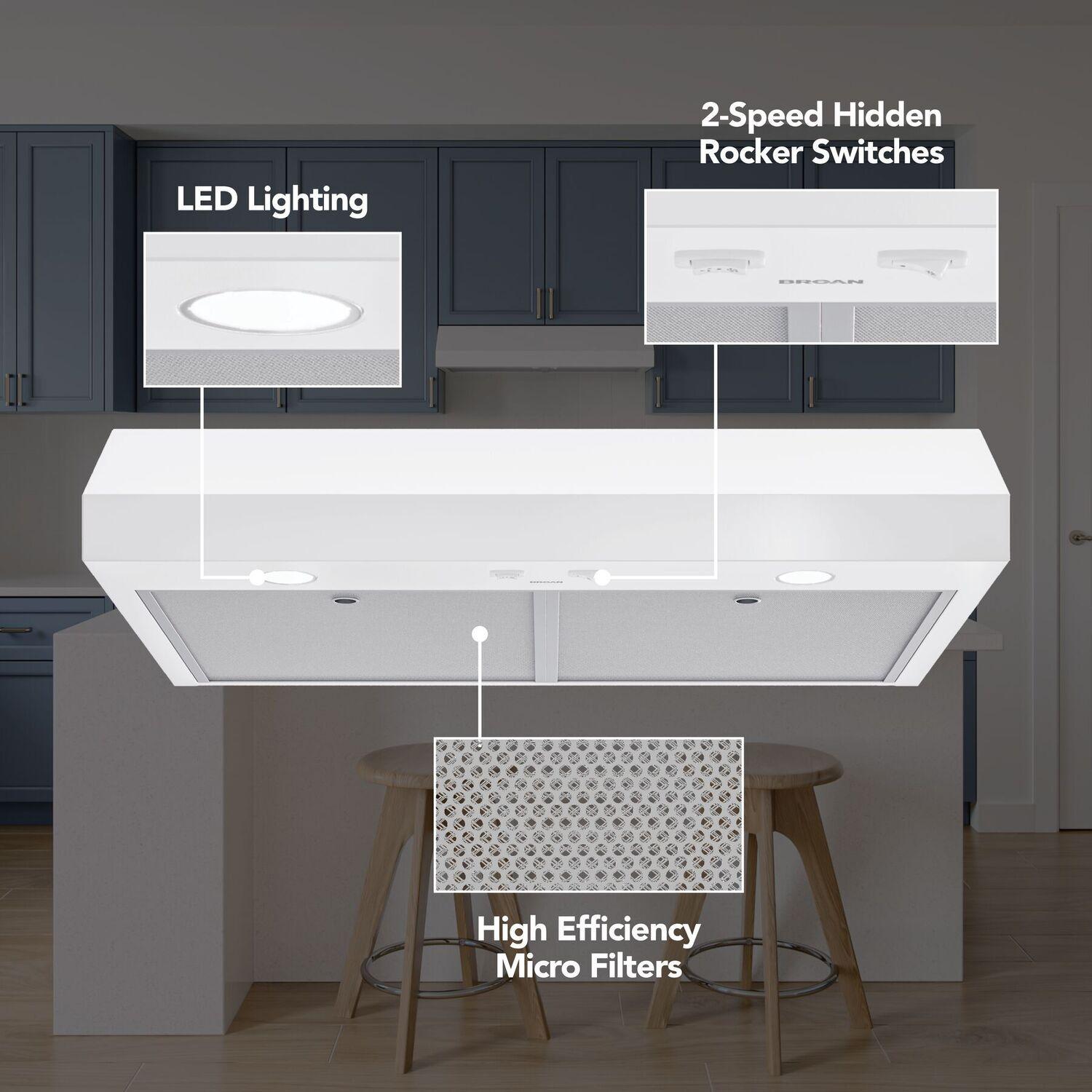 Broan GLA1423WW Glacier 42-Inch 350 MAX Blower CFM 1.5 Sones White Range Hood
