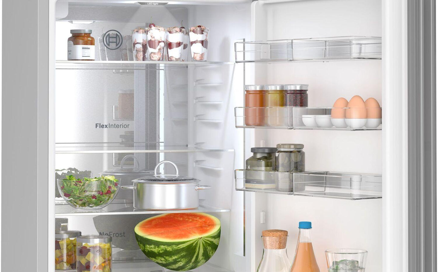 Bosch B24CB80ESW 800 Series, free-standing fridge-freezer with freezer at bottom, glass door, 24'', White, Total No Frost