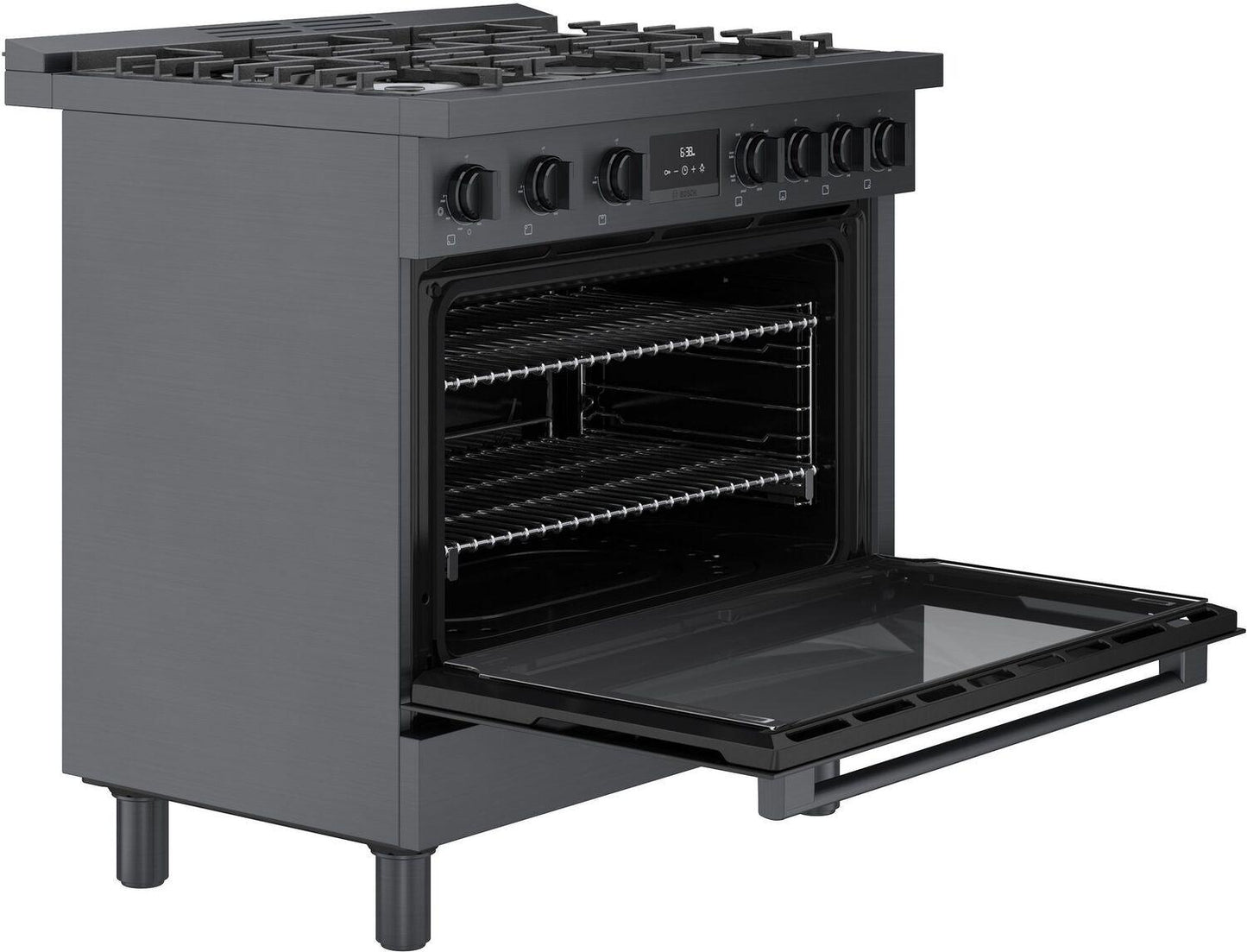 Bosch HDS8645U 800 Series, Dual fuel freestanding range, 36'', Black stainless steel