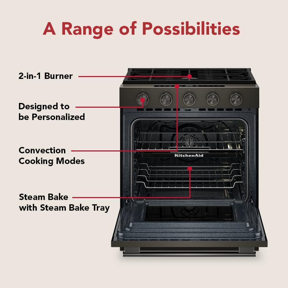 Kitchenaid KSGS530SBE 5.0 Cu. Ft. Smart Slide-in Gas Range with Convection Cooking Modes and 2-in-1 Burner