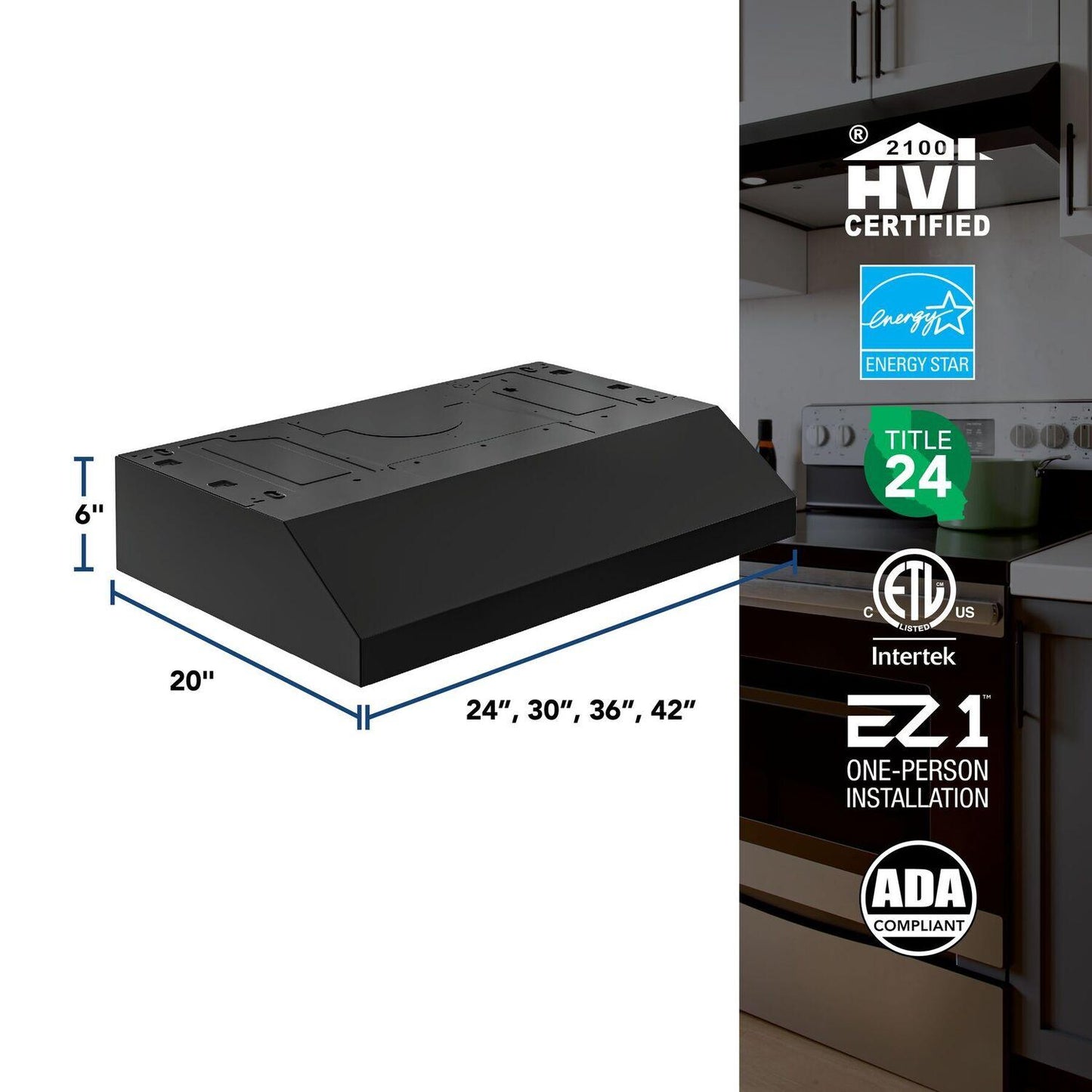 Broan GLA1363BL Glacier 36-Inch 350 MAX Blower CFM 1.5 Sones Black Range Hood