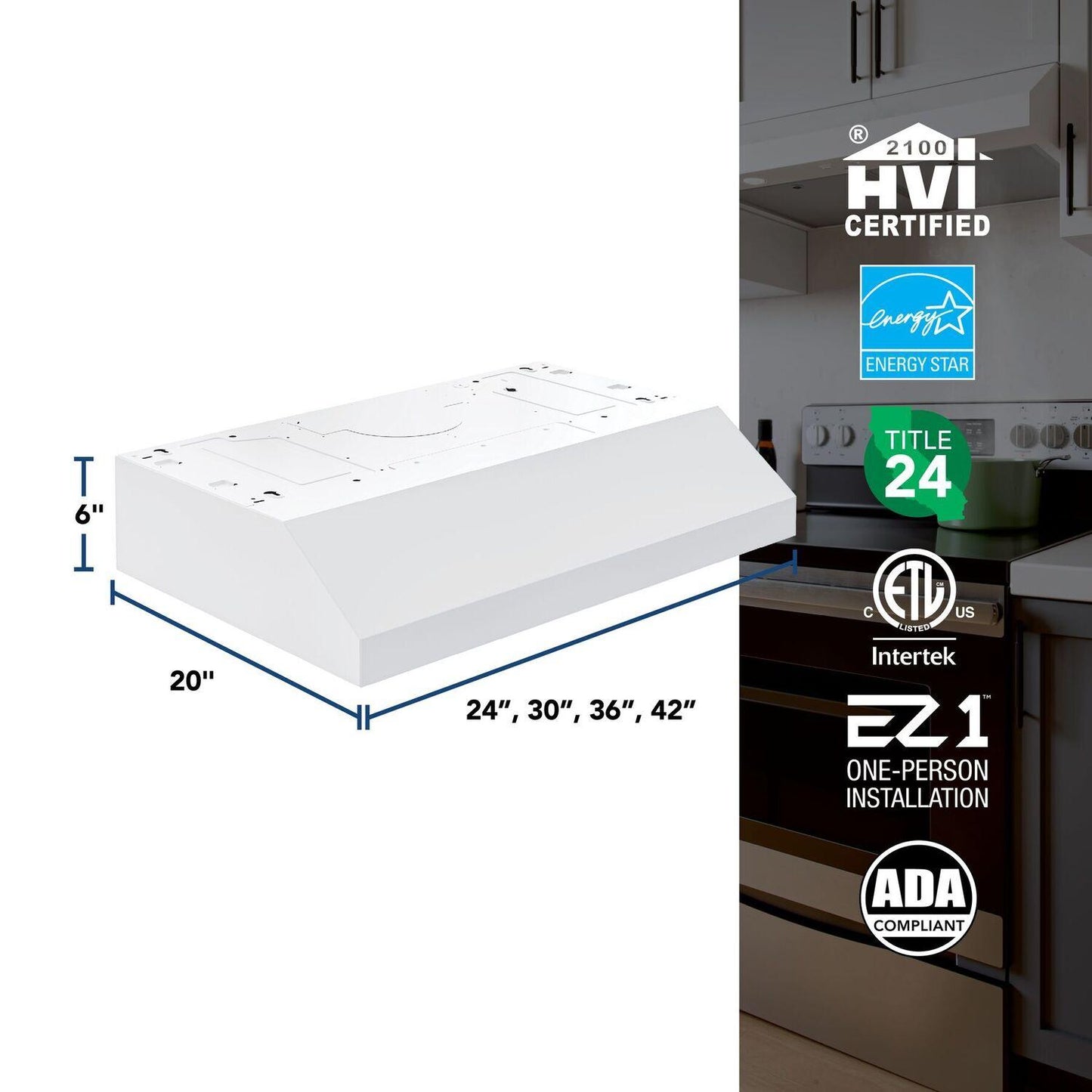 Broan GLA1243WW Glacier 24-Inch 350 MAX Blower CFM 1.5 Sones White Range Hood