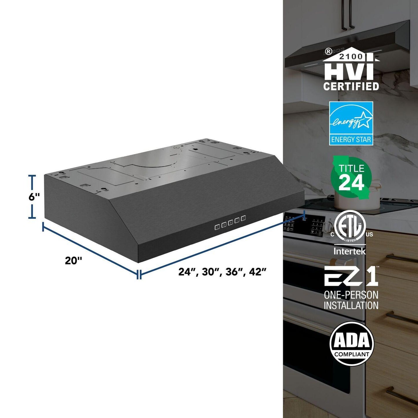 Broan GLA2363BLS Glacier 36-Inch 350 MAX Blower CFM 1.5 Sones Black Stainless Range Hood
