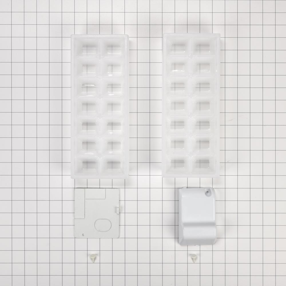Whirlpool W11412645 Ice Maker Removal Kit, with (1) plastic closure, (3) hole plugs, (1) evaporator cover, (1) tube fitting cover and (2) ice trays