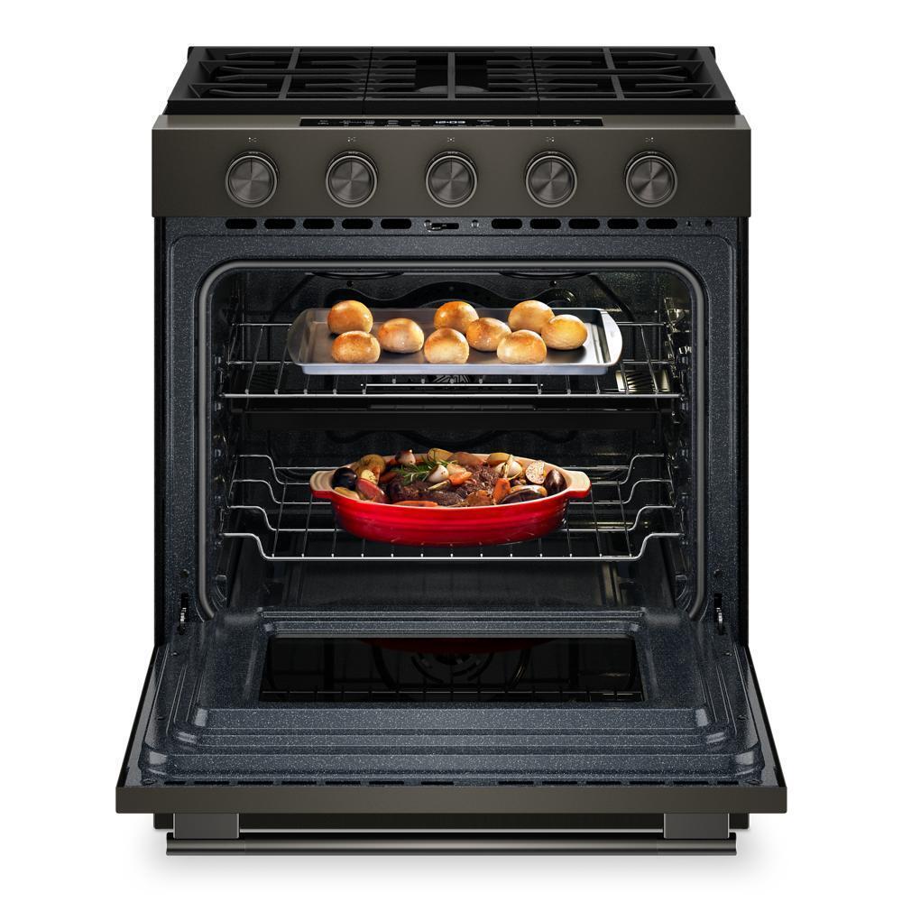 Kitchenaid KSGS530SBE 5.0 Cu. Ft. Smart Slide-in Gas Range with Convection Cooking Modes and 2-in-1 Burner