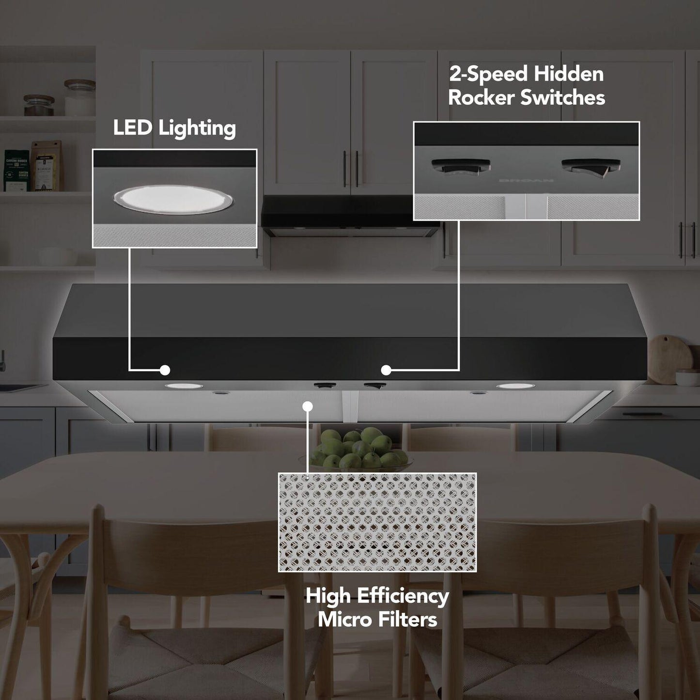 Broan GLA1363BL Glacier 36-Inch 350 MAX Blower CFM 1.5 Sones Black Range Hood