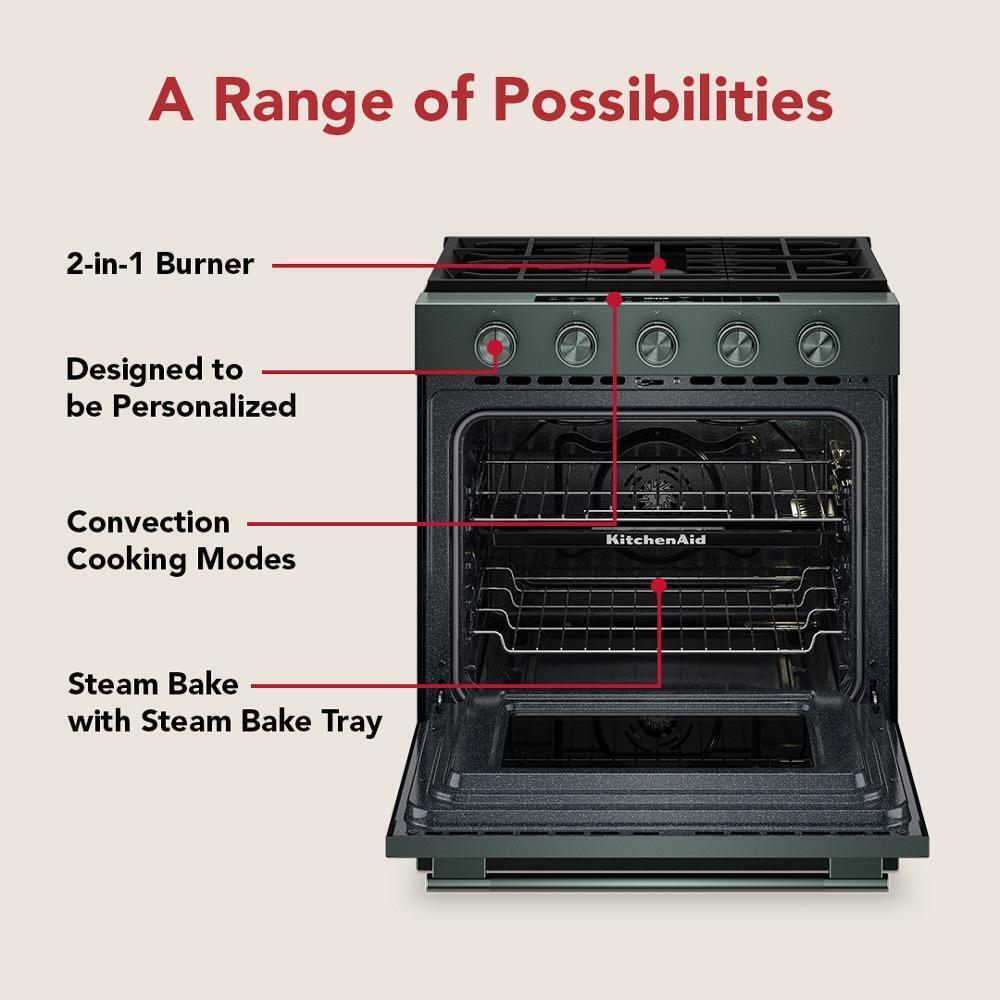 Kitchenaid KSGS530SJP 5.0 Cu. Ft. Smart Slide-in Gas Range with Convection Cooking Modes and 2-in-1 Burner