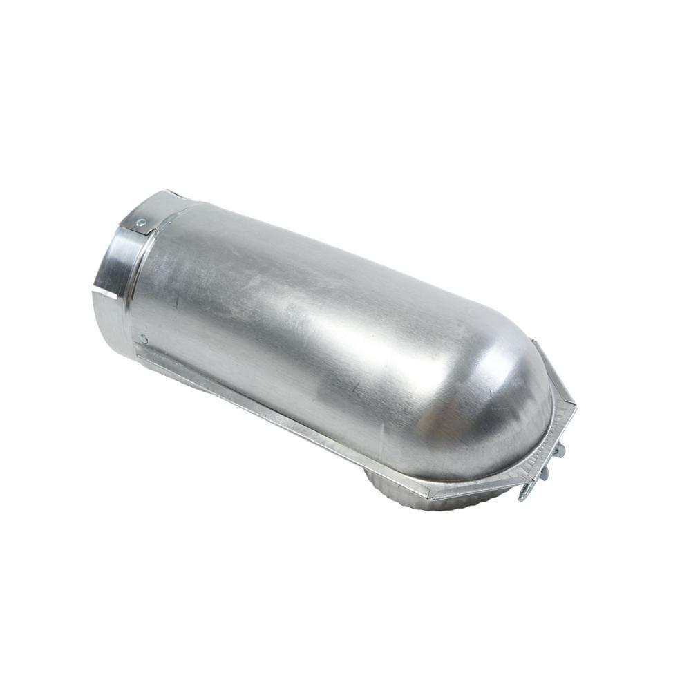 Maytag 4396005 4.5" Silver Dryer Exhaust Wall Elbow with 90-degree offset, snap-lock fittings, and rotating collars.
