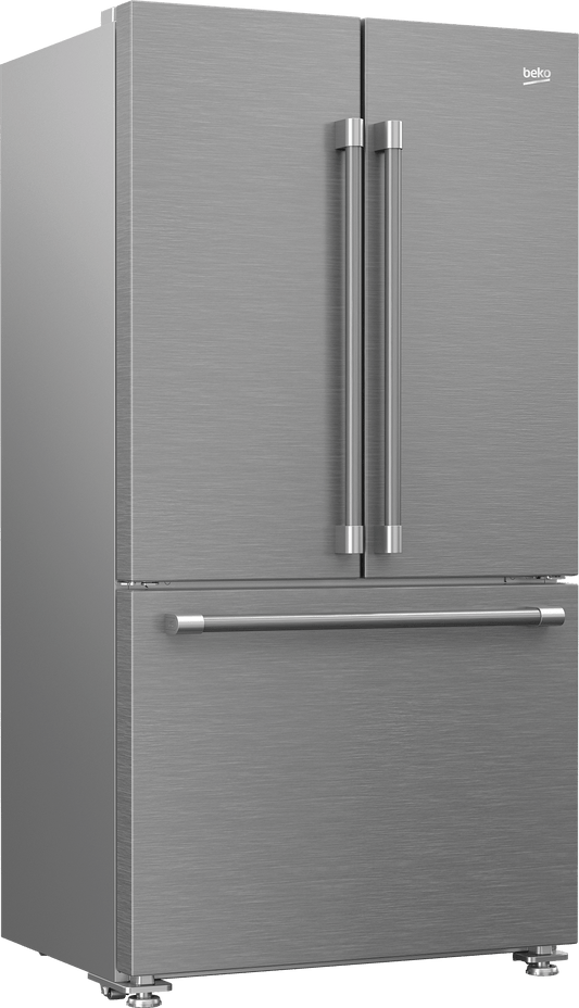 36" French Three-Door Stainless Steel Refrigerator with Auto Ice Maker, Water Dispenser