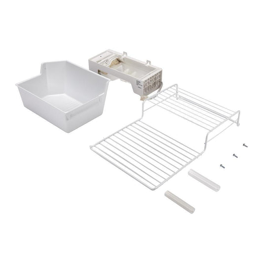 Whirlpool W11424126 Refrigerator Ice Maker Assembly, White, with the icemaker, ice bin, water valve, hardware, and instructions