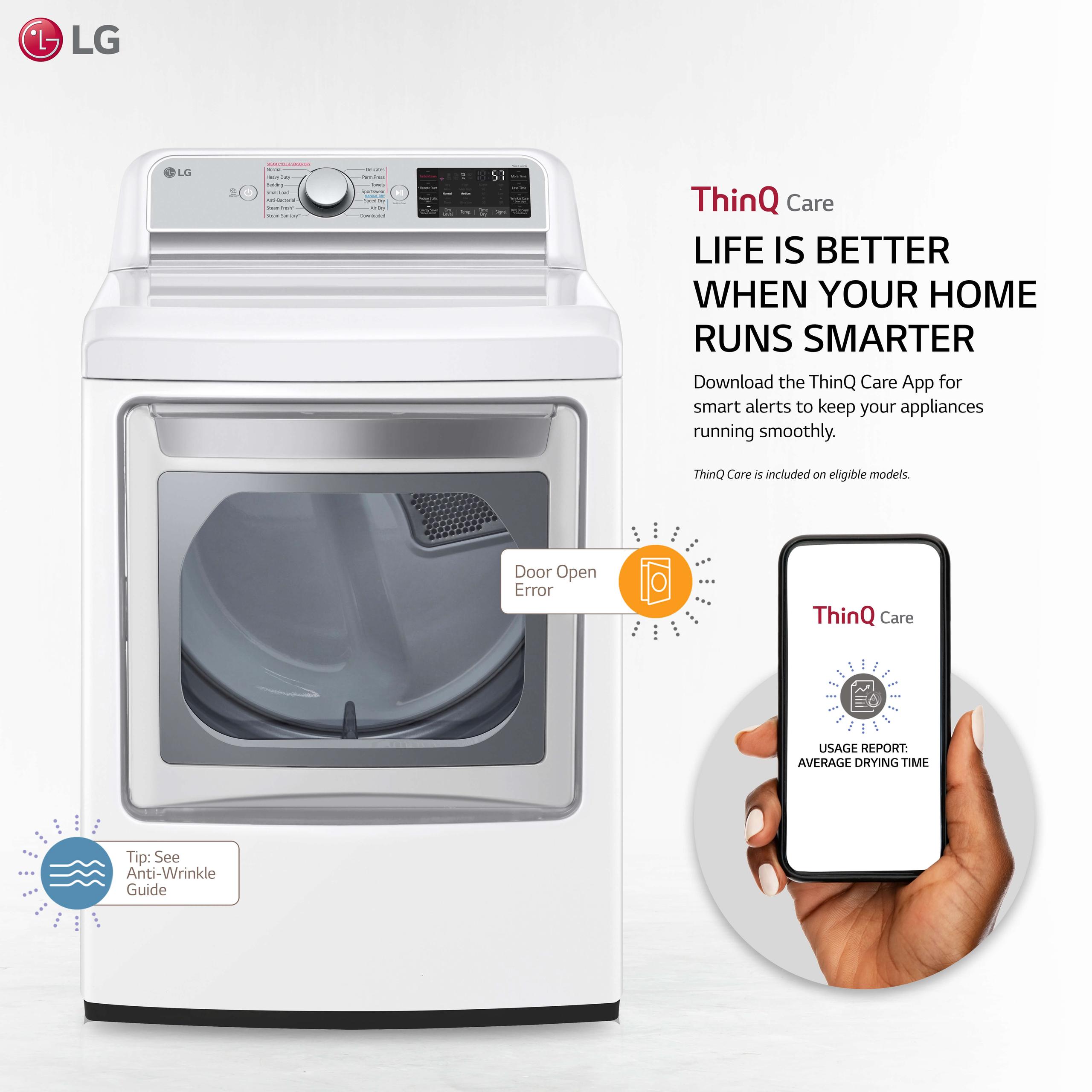 Lg 7.3 cu. ft. Ultra Large Capacity Smart wi-fi Enabled Rear Control Electric Dryer with TurboSteam™