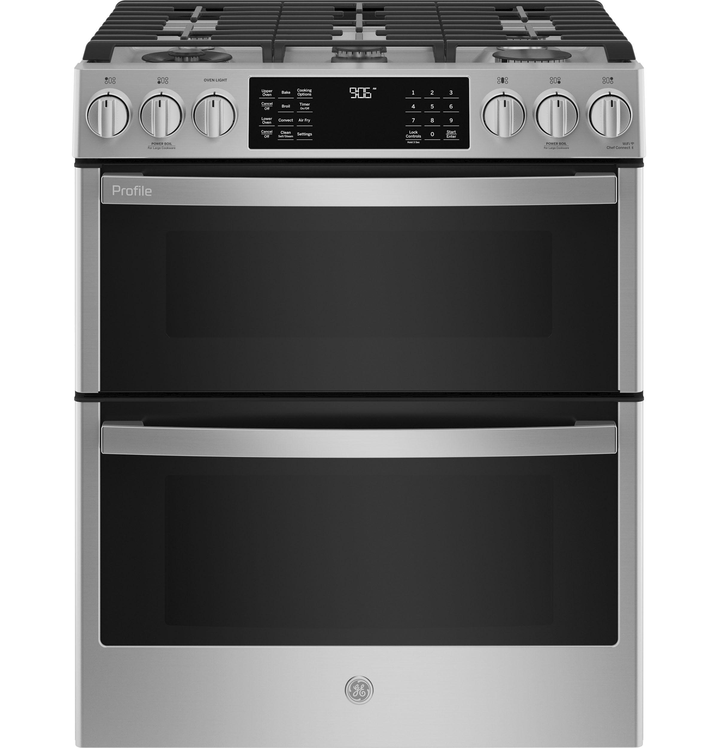 GE Profile™ 30" Smart Slide-In Front-Control Gas Double Oven Convection Fingerprint Resistant Range