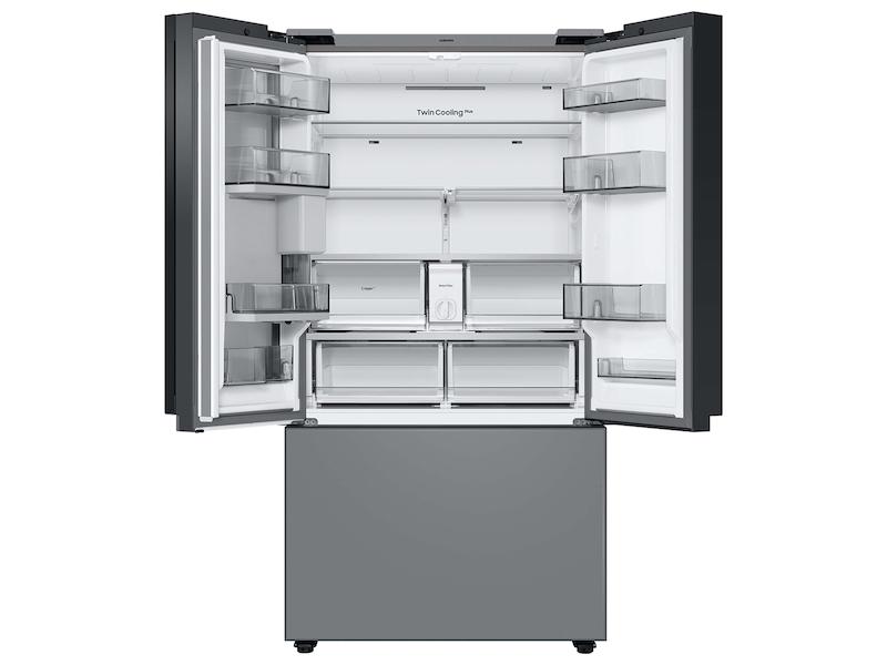 Bespoke 3-Door French Door Refrigerator (24 cu. ft.) - with Top Left and Family Hub™ Panel in White Glass - and Matte Grey Glass Bottom Door Panel