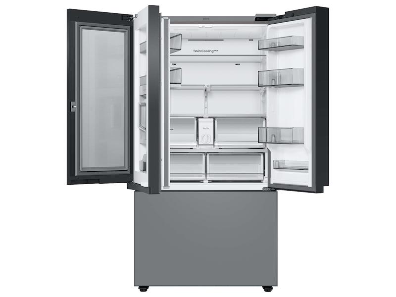 Bespoke 3-Door French Door Refrigerator (24 cu. ft.) - with Top Left and Family Hub™ Panel in White Glass - and Matte Grey Glass Bottom Door Panel