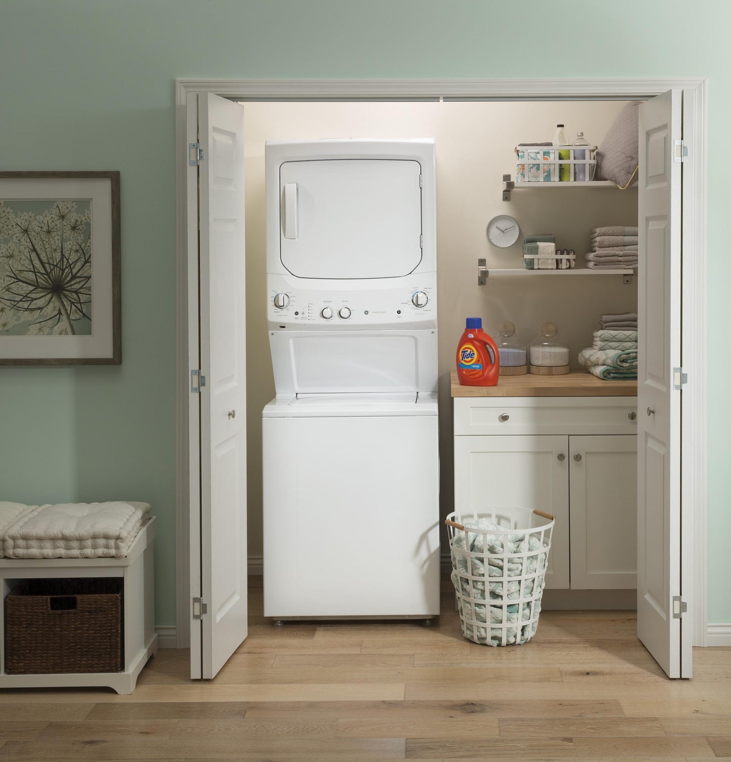 GUD27ESSMWW GE Unitized Spacemaker® 3.8 cu. ft. Capacity Washer with Stainless Steel Basket and 5.9 cu. ft. Capacity Electric Dryer