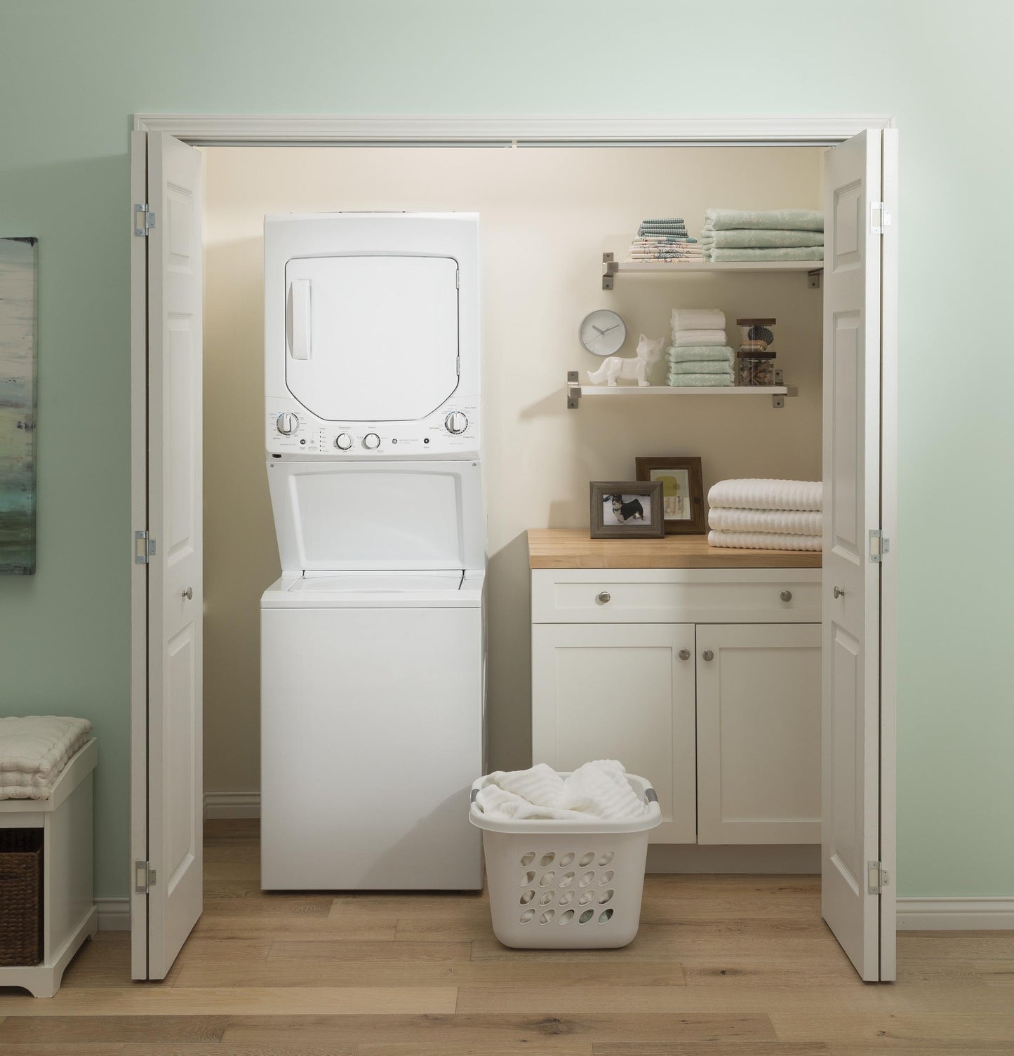 GUD24ESSMWW GE Unitized Spacemaker® 2.3 cu. ft. Capacity Washer with Stainless Steel Basket and 4.4 cu. ft. Capacity Electric Dryer