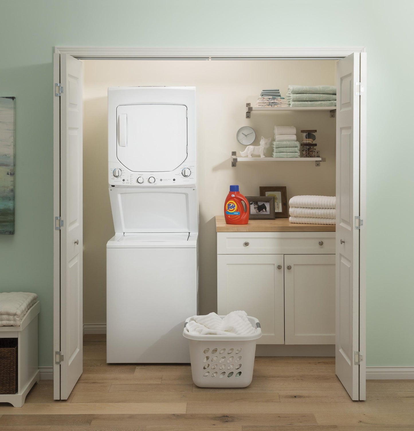 GUD24ESSMWW GE Unitized Spacemaker® 2.3 cu. ft. Capacity Washer with Stainless Steel Basket and 4.4 cu. ft. Capacity Electric Dryer