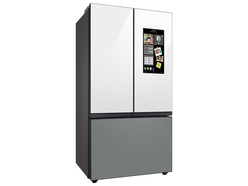 Bespoke 3-Door French Door Refrigerator (24 cu. ft.) - with Top Left and Family Hub™ Panel in White Glass - and Matte Grey Glass Bottom Door Panel