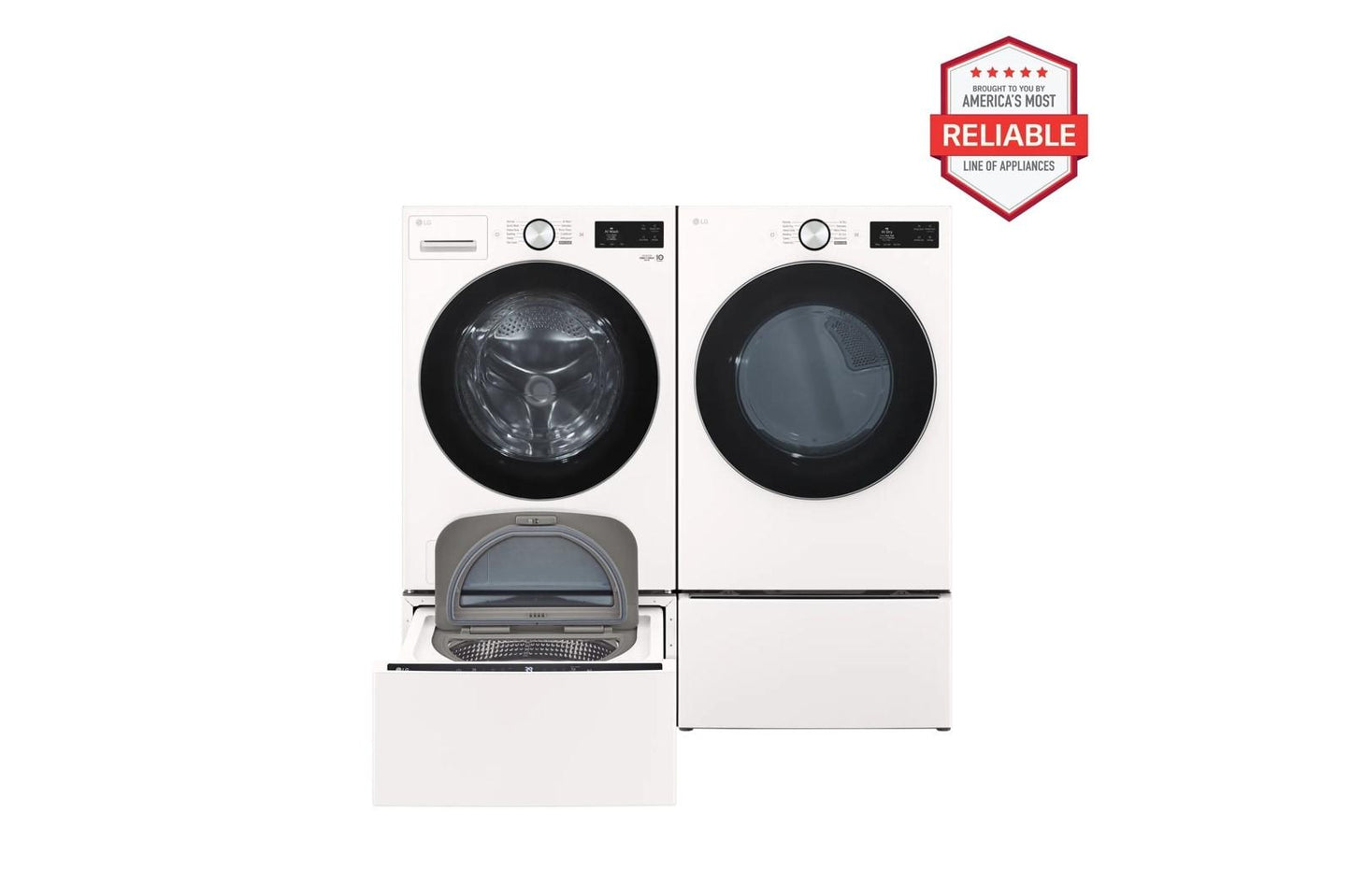 Lg WM5800HAADLGX5801AWD300CAWDP6A 5.0 cu. ft. Front Load Washer and 7.4 cu. ft. Gas Dryer with pedestal washer and drawer in Alpine White