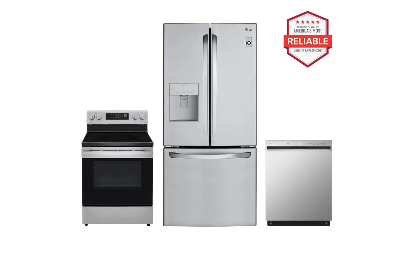 Lg LFDS22520SLREL6321SLDFN3432T 22 cu. ft. Standard-Depth Exterior Water Dispenser French Door Refrigerator with Freestanding Electric Range and Front Control Dishwasher Kitchen Package in Stainless Steel