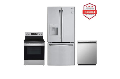 Lg LFDS22520SLREL6321SLDFN3432T 22 cu. ft. Standard-Depth Exterior Water Dispenser French Door Refrigerator with Freestanding Electric Range and Front Control Dishwasher Kitchen Package in Stainless Steel
