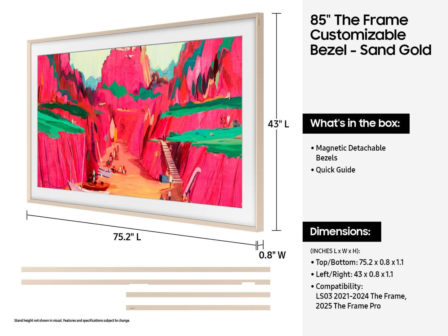 Samsung VGSCFF85SGMZA 85 Inch The Frame Custom Bezel - Sand Gold Metal Magnetic Attachment  Easy Install  Premium Finish