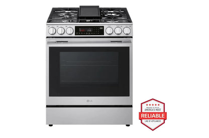 Lg LRYKC2606SLSGL6337XMVEL2125XLDNTH753S 26 cu. ft. Counter-Depth Instaview Craft Ice French Door Refrigerator with Slide-in Gas Range, Top Control Dishwasher and Microwave Kitchen Package in Stainless Steel