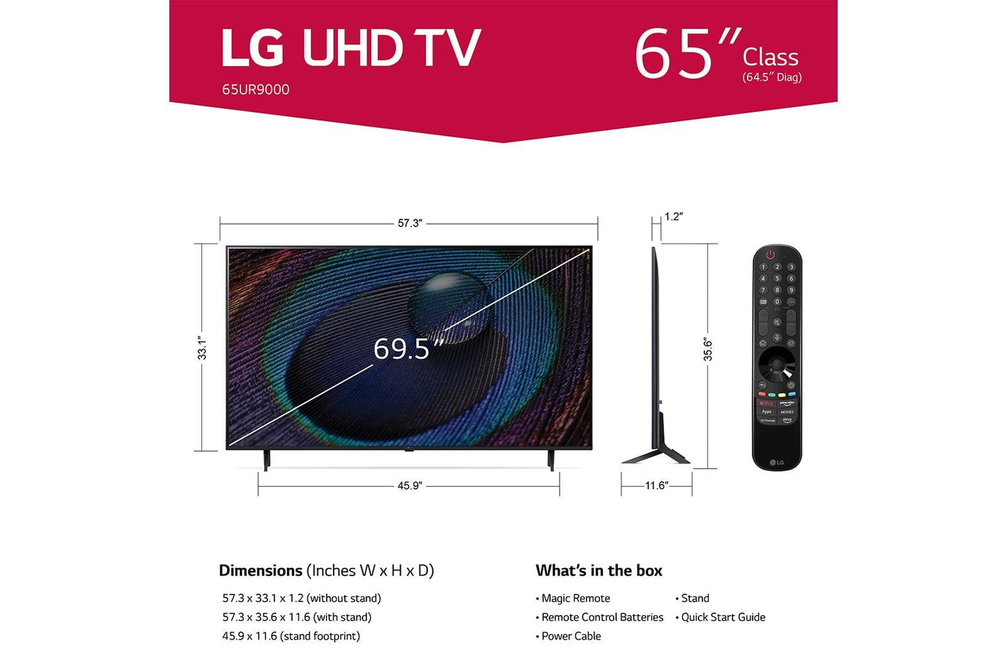 65UR9000PUA LG 65 Inch Class UR9000 series LED 4K UHD Smart webOS 23 w/ ThinQ AI TV