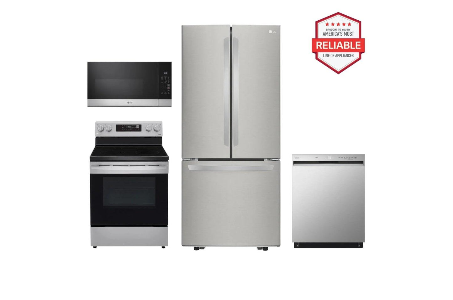 Lg LFCS22520SLREL6321SMVEM1621YLDFN3432T 22 cu. ft. Standard-Depth French Door Refrigerator with Freestanding Electric Range, Front Control Dishwasher and Microwave Kitchen Package in Stainless Steel
