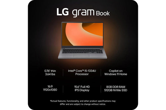 15U50TGARS2U1 LG gram Book 15.6 Inch, Thin and Lightweight Laptop, Windows 11 Home, Intel® Core™ i5-1334U, 8GB RAM, 512GB SSD, Titan Silver