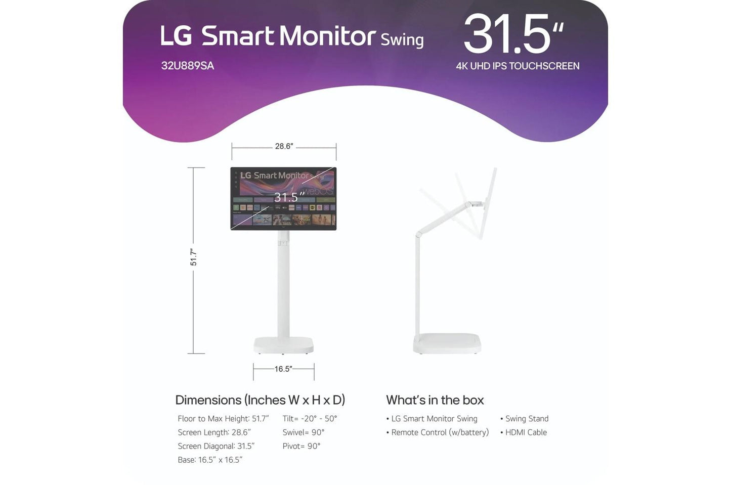 Lg 32U889SAW 32 Inch 4K UHD IPS Touchscreen Smart Monitor Swing with Rolling Stand