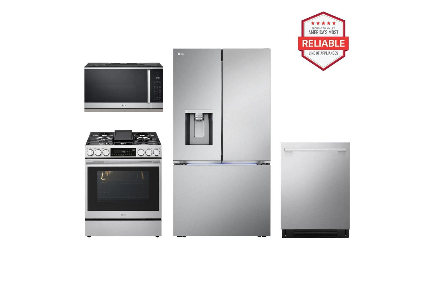 Lg LRYXC2606SLSGL6337XMVEL2125XLDNTH753S 26 cu. ft. Smart Counter-Depth MAX™ Four Types of Ice French Door Refrigerator with Slide-in Gas Range, Top Control Dishwasher and Microwave Kitchen Package in Stainless Steel