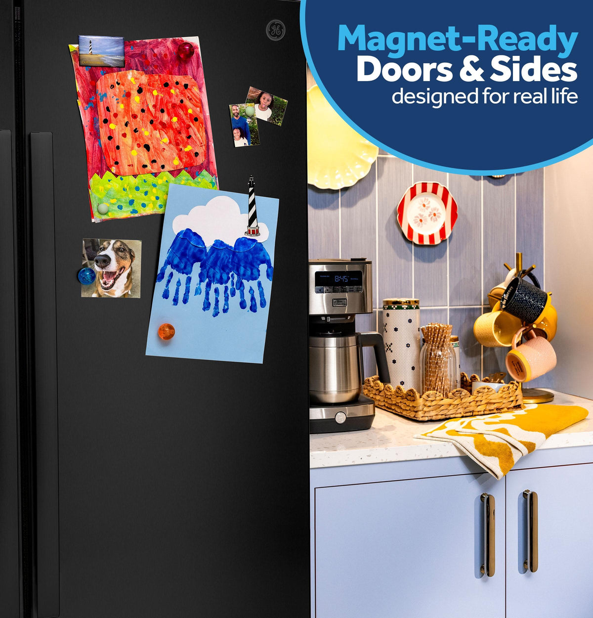 GZS24NGYBB GE® 23.6 Cu. Ft. Counter-Depth Side-By-Side Refrigerator with Extra Tall Dispenser and In-Door Icemaker