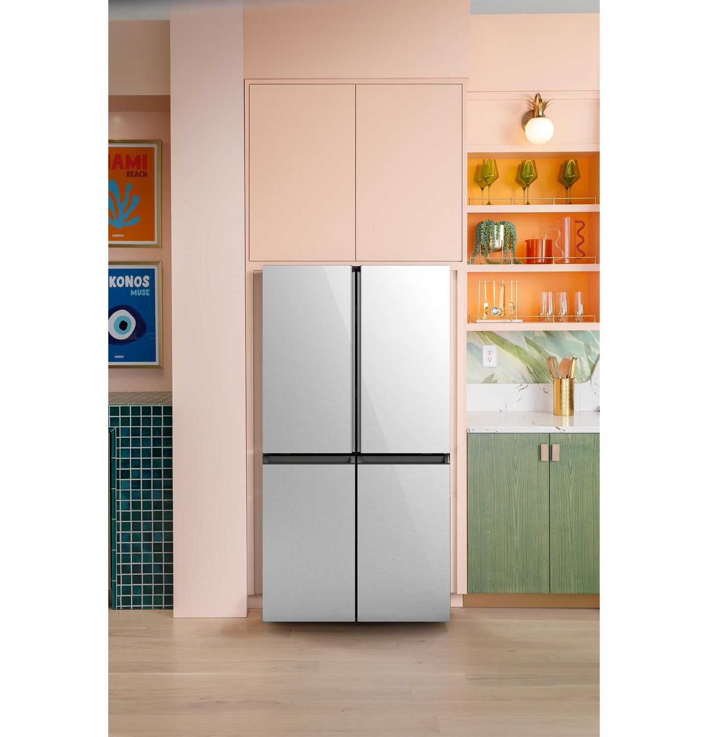 Cafe CHE23DM5WS5 CAF(EBACK)™ ENERGY STAR® 22.9 Cu. Ft. Smart Counter-Depth Quad-Door Refrigerator in Platinum Glass with Dual-Dispense AutoFill Pitcher