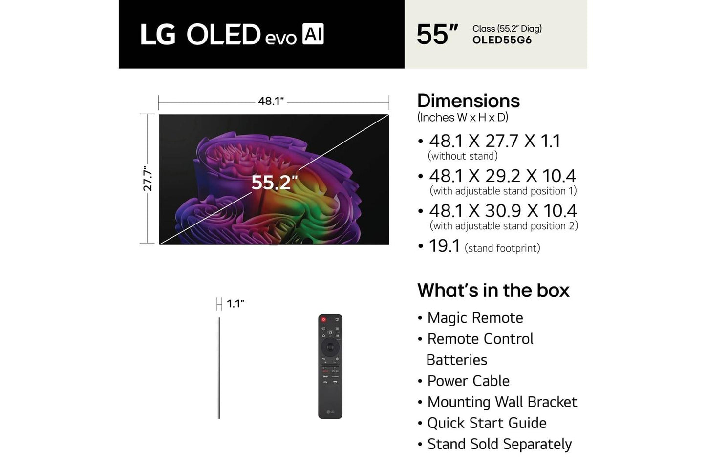 Lg OLED55G6WUA 55 Inch Class LG OLED evo AI G6 4K Smart TV 2026 with Supplied Flush Wall Mount